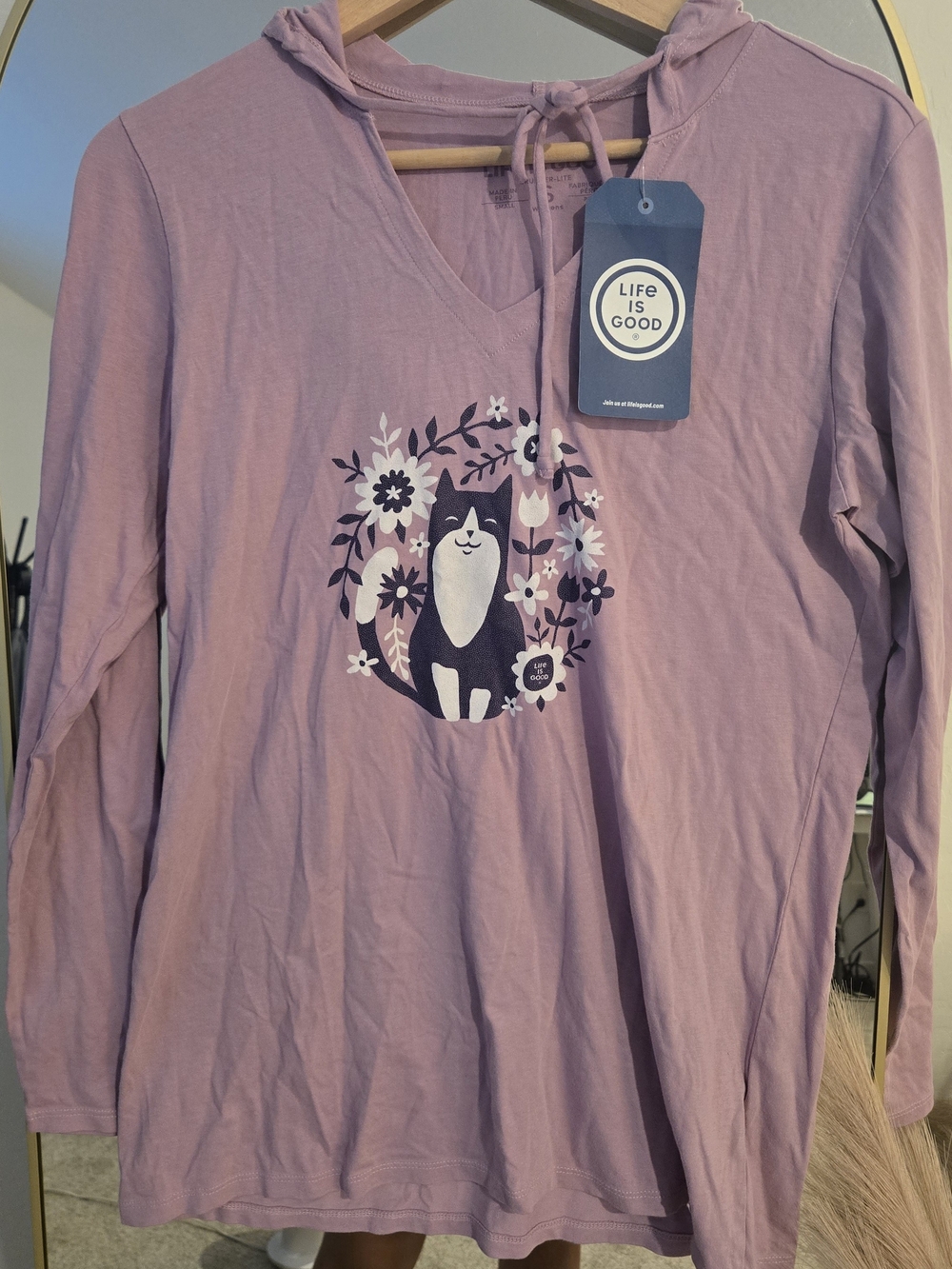 NWT Life Is Good Lavender Cat Floral Hoodie Size Small